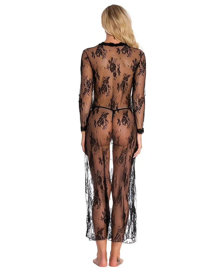 Lingerie For Women Long Lace Front Open Semi-Sheer Mesh Night Robe Sleep Lingerie