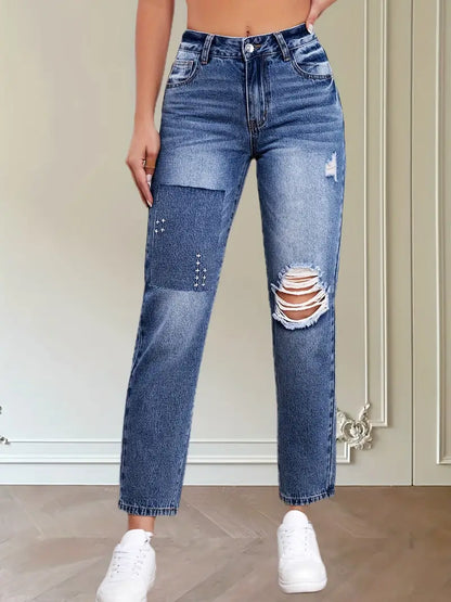 Blue Ripped Holes Straight Jeans, Non-Stretch Slant Pockets Embroidered Decor Tapered Jeans, Women's Denim Jeans & Clothing