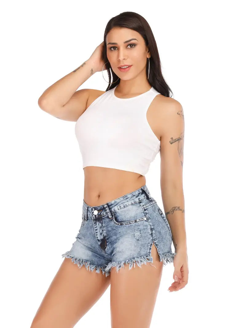 Ripped Raw Hem Side Split Denim Shorts, High Stretch Bright Steel Blue Sext Summer Denim Shorts, Women's Denim Jeans & Clothing