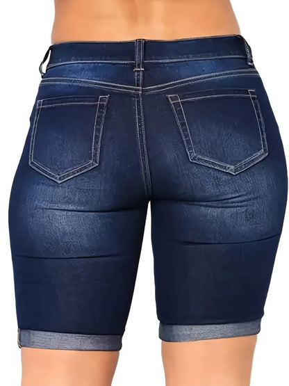 Denim V déchiré à ourlet retroussé, longueur au genou, bermuda en denim vieilli très extensible, jeans et vêtements en denim pour femmes 