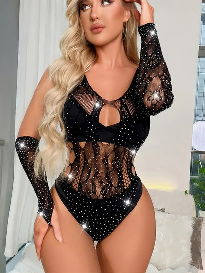 Women's Sexy Rhinestone Fishnet Teddy Jumpsuit - Mesh Hollowed-out Vest Bodysuit With Cuffs