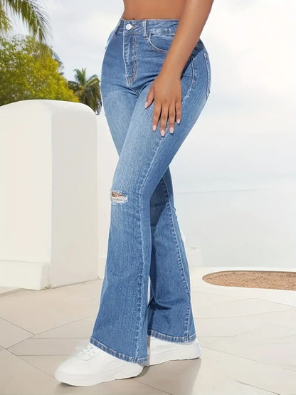 Jean évasé à trous déchirés bleu clair, pantalon en denim coupe slim à jambes larges, jeans et vêtements en denim pour femmes 