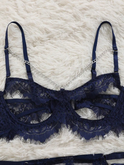 Chain Eyelash Lace Sexy Lingerie Set, Hollow Sexy Underwire Bra & Panty, Women's Sexy Lingerie & Underwear