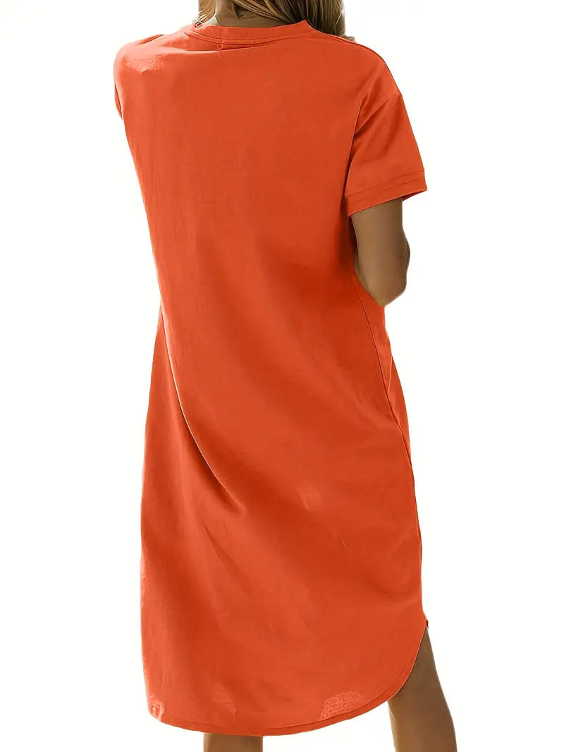 Crew Neck Mid Length Dress, Short Sleeve Solid Summer Pockets Dresses, Women's Clothing