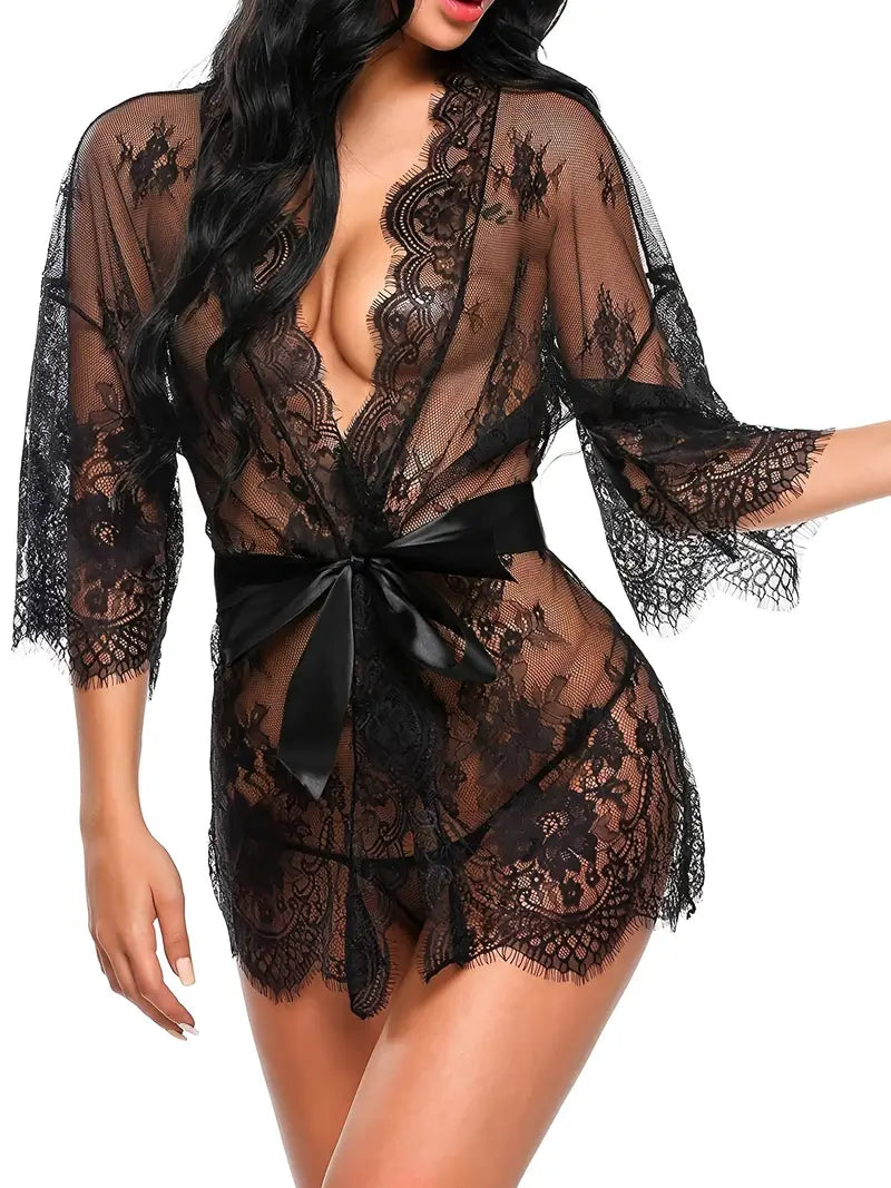 Sexy Floral Lace Cut Out Sleepwear, See Through Long Sleeve Short Robe With Belt & Thong, Women's Lingerie & Sleepwear