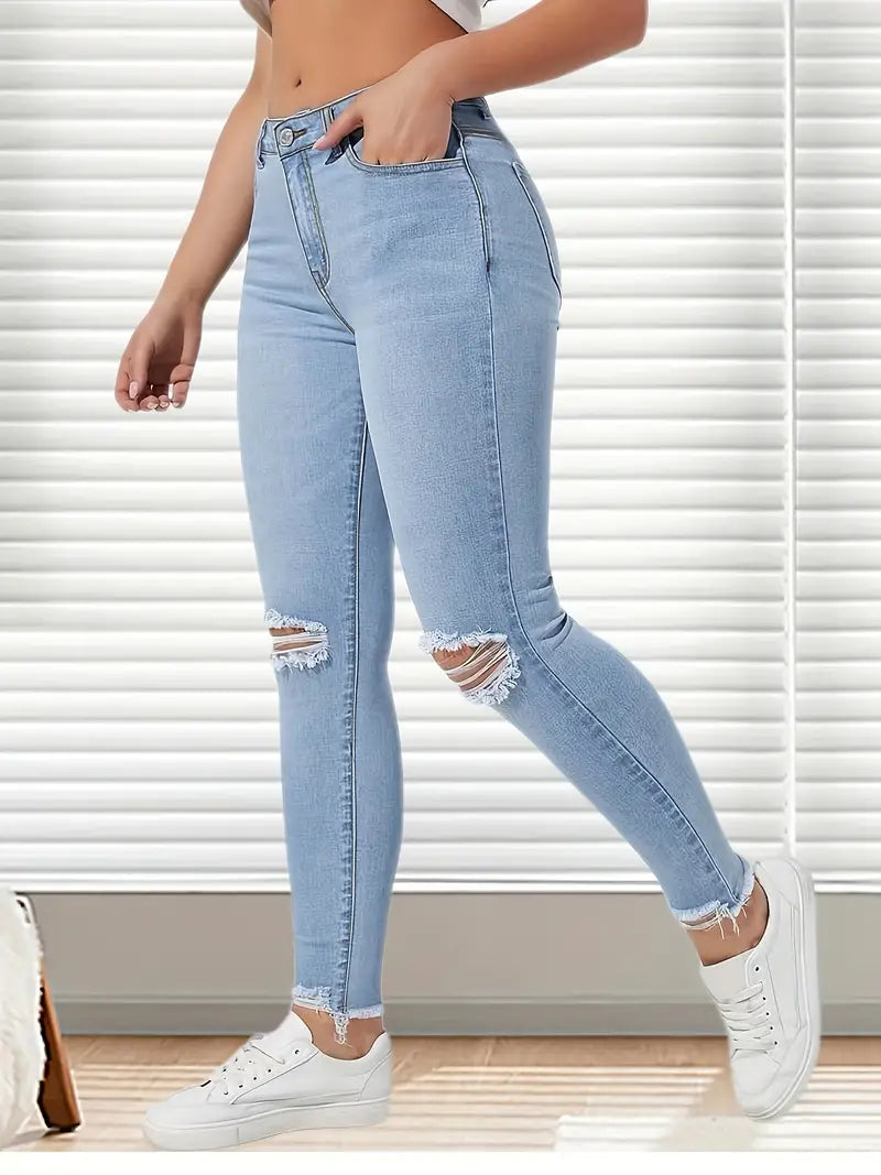 Women's High Rise Ripped Skinny Jeans - Distressed Cut Out Knee & Raw Hem Denim Pants