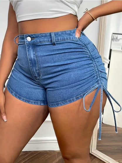 Drawstring Tie Side High Ride Denim Shorts, Ruched Solid Color Zipper Button Closure Trendy Denim Shorts, Women's Denim Jeans & Clothing