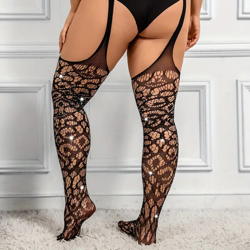 Sexy Plus Size Stockings with Attached Garter Belt and Rhinestone Hollow Out Pantyhose