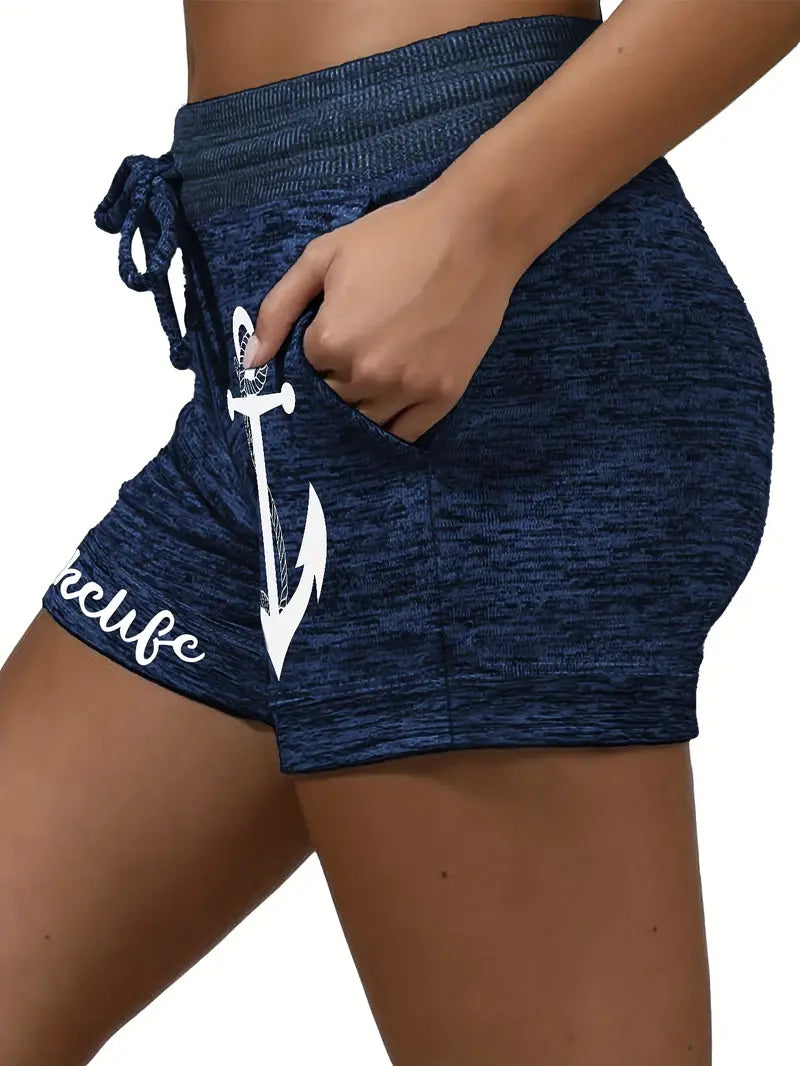 Women's Summer Casual Shorts: Anchor Print Drawstring Elastic Waist Shorts