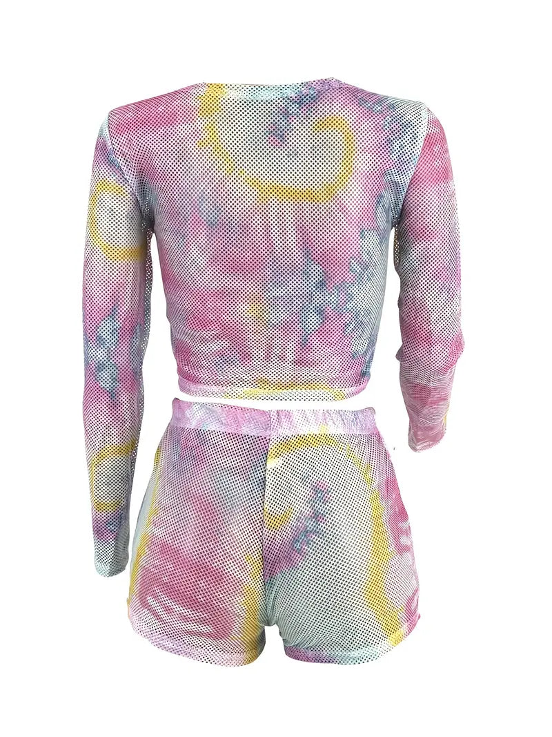 Conjunto de dos piezas de malla Tie Dye, Top corto sexy de manga larga y pantalones cortos de cintura alta, trajes de 2 piezas para primavera y verano, ropa de mujer 