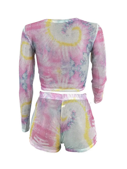 Ensemble deux pièces en maille Tie Dye, haut court Sexy à manches longues et short taille haute, tenues 2 pièces pour le printemps et l'été, vêtements pour femmes 