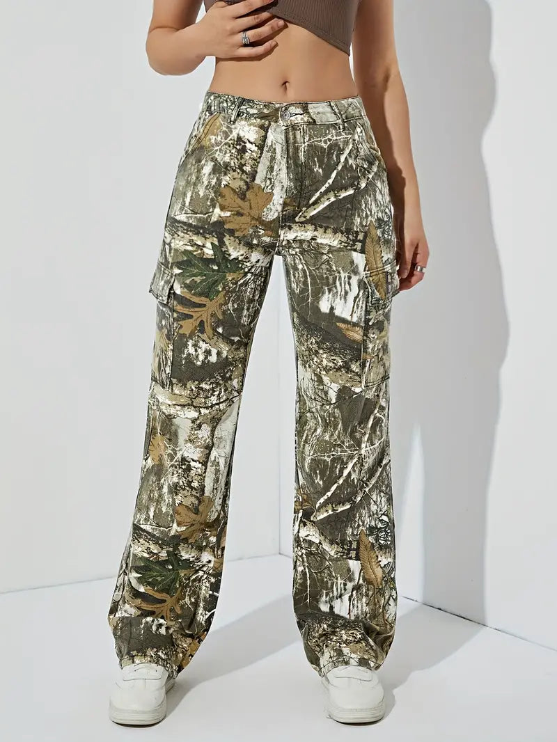 Leaf Print High Waist Cargo Pants, High Rise Flap Pockets Loose Fit Straight Jeans, Y2K & Kpop Style, Women's Denim Jeans & Clothing