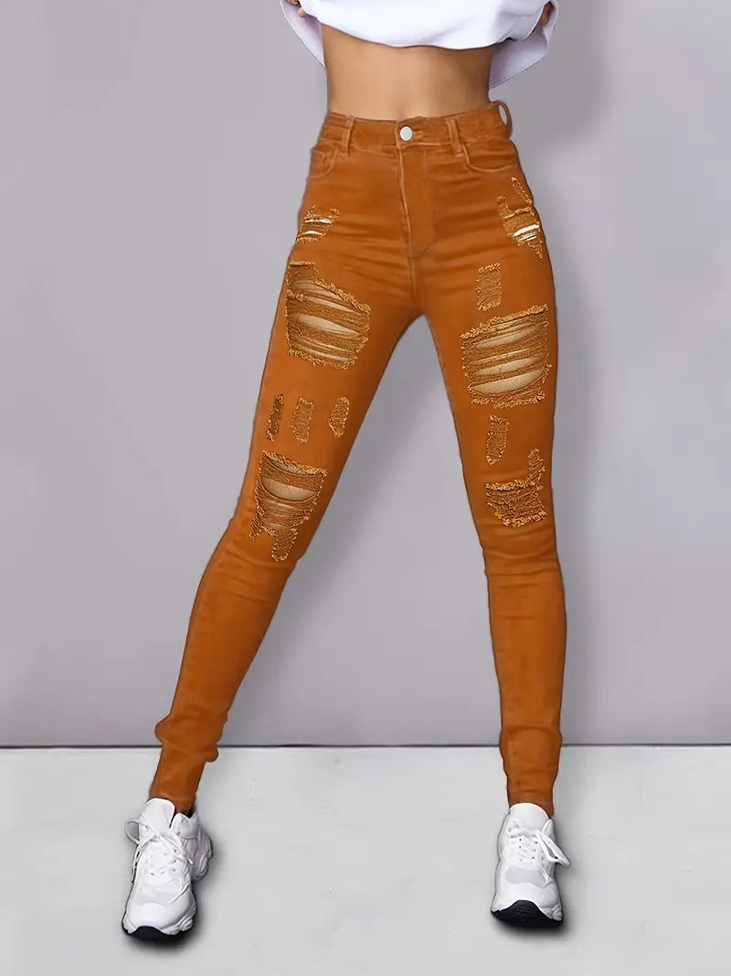 Light Brown Ripped Denim Pants, Plicated Hem Slash Pockets Jeans, Women's Denim Jeans & Clothing