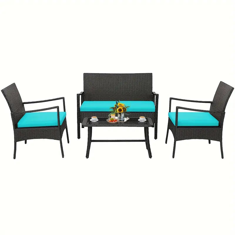 Outdoor 4 PC Patio Wicker Furniture Set, Cushioned Chairs & Loveseat With Coffee Table, For Outdoor Patio Garden