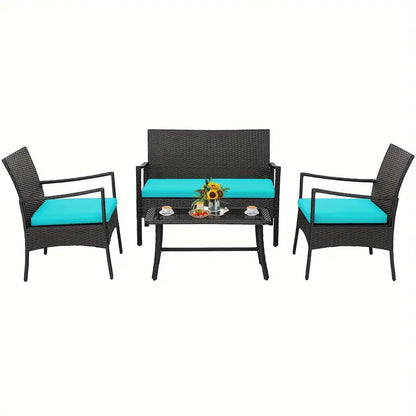 Outdoor 4 PC Patio Wicker Furniture Set, Cushioned Chairs & Loveseat With Coffee Table, For Outdoor Patio Garden