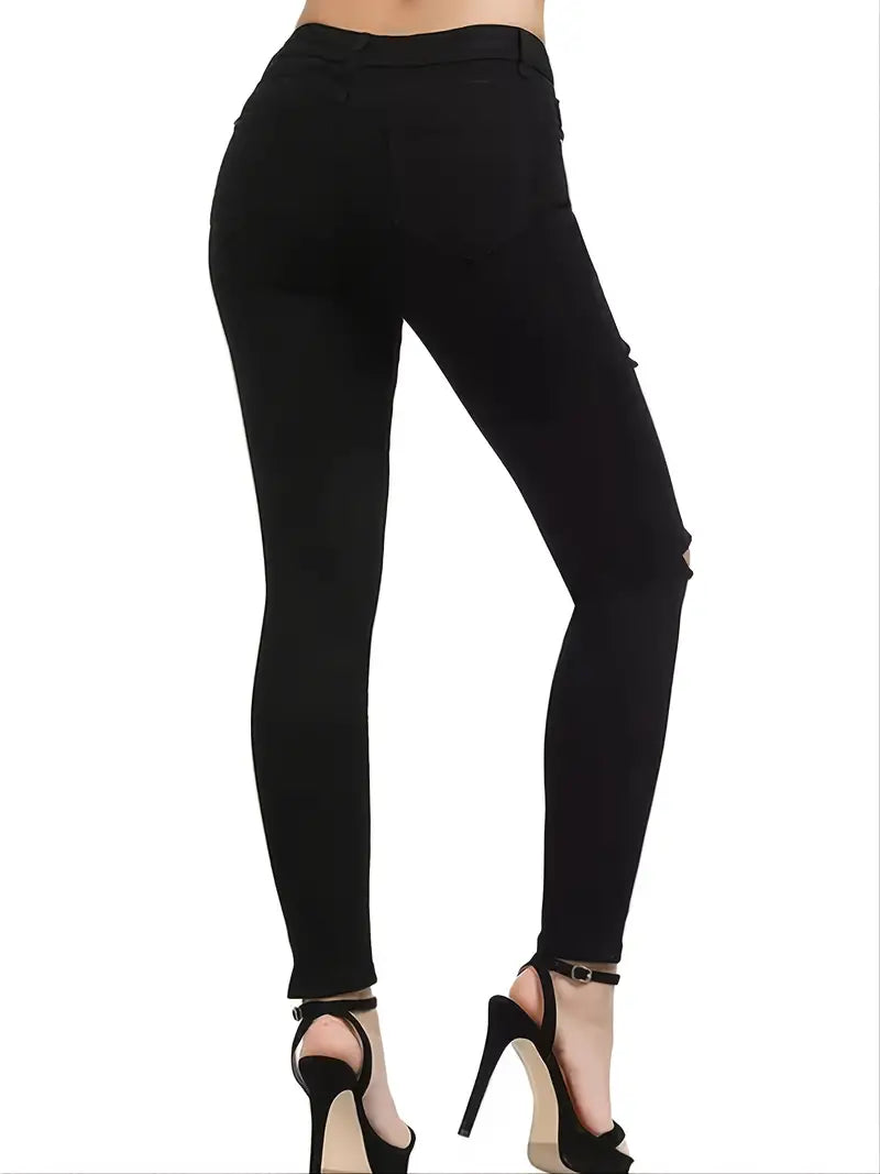 Pantalon en denim skinny déchiré noir, jean à poche inclinée stretch solide, pantalon en denim en détresse pour femmes 