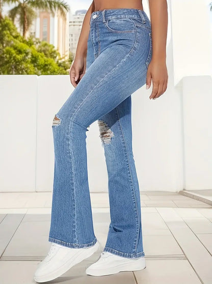 Jean évasé à trous déchirés bleu clair, pantalon en denim coupe slim à jambes larges, jeans et vêtements en denim pour femmes 