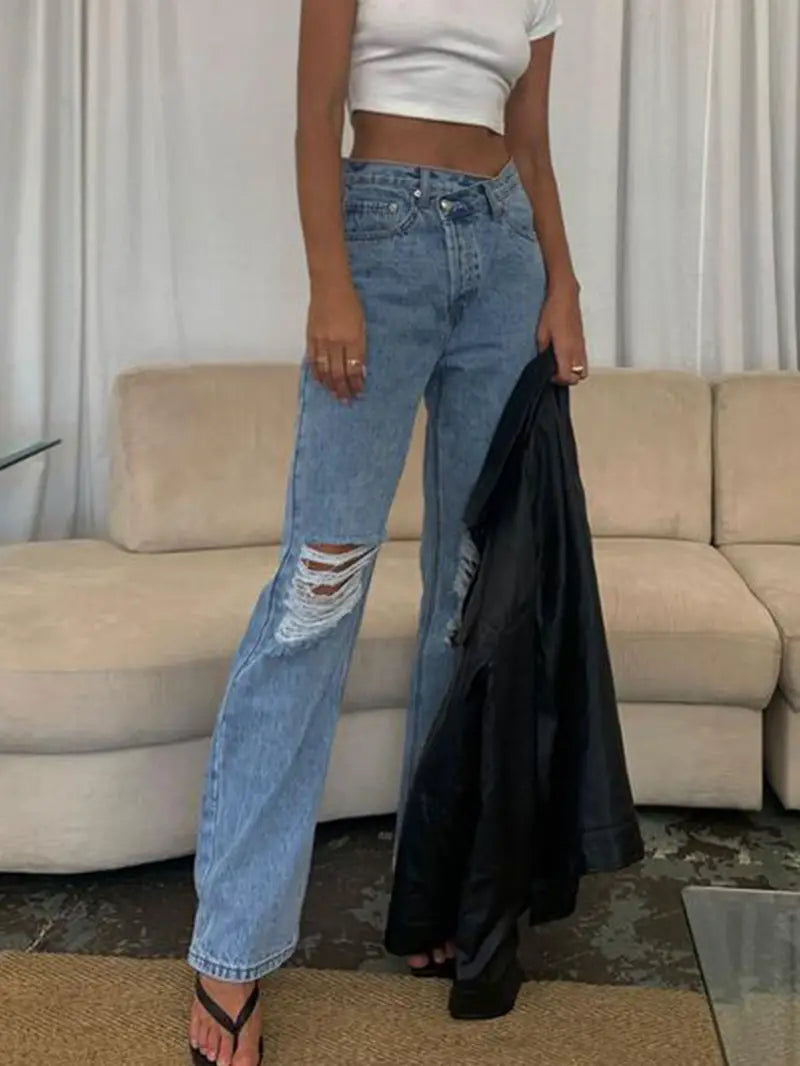 Ripped Holes Distressed Straight Jeans, Casual High Rise Wide Leg Baggy Denim Pants, Women's Denim Jeans & Clothing