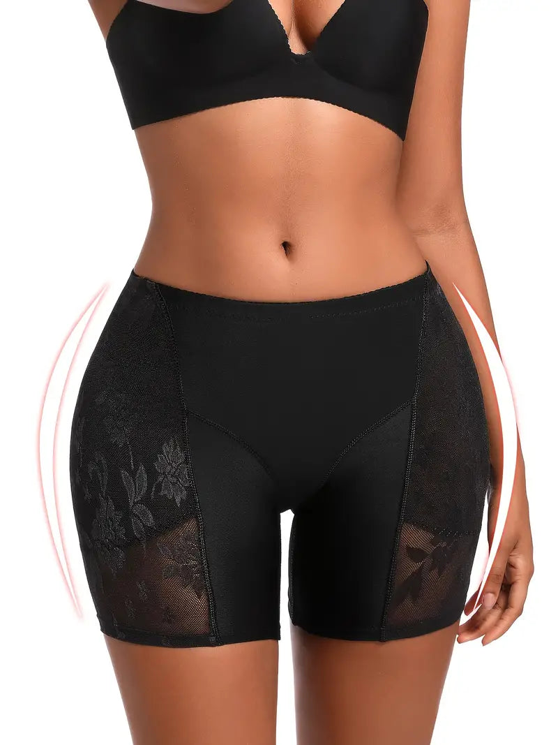 Floral Pattern Mesh Stitching Shaping Shorts, Tummy Control Compression Butt Lifting Shorts, Women's Underwear & Shapewear