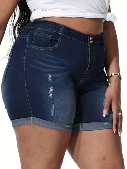 Plus Size Casual Denim Shorts, Women's Plus Ripped High Rise Medium Stretch Denim Shorts