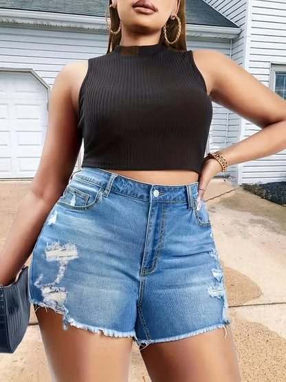 Sexy Plus Size Denim Shorts - Washed, Ripped & Button Fly - Perfect for Casual Wear!