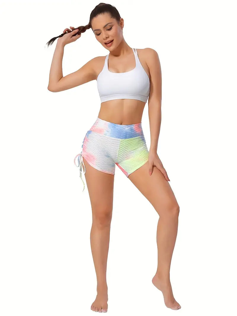 Short de Yoga à cordon latéral imprimé Tie Dye, short de gymnastique d'entraînement de Fitness Sexy en tissu Seersucker, vêtements de sport pour femmes 