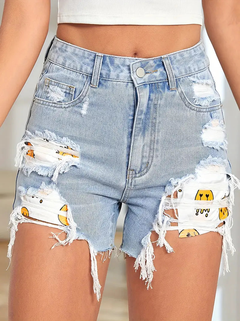 Blue Ripped Holes Denim Shorts, Expression Pattern Distressed High Waist Casual Denim Shorts, Women's Denim Jeans & Clothing