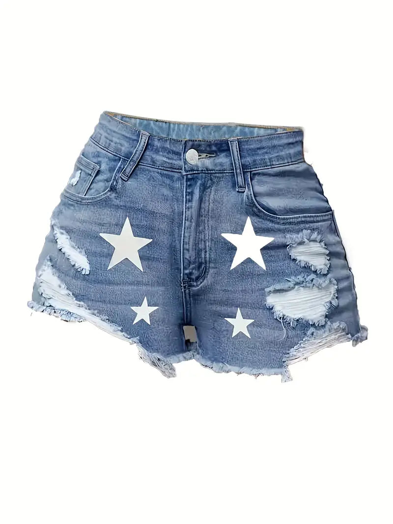 Star Print Ripped Raw Hem Denim Shorts, Distressed Washed Blue Slash Pocket Summer Denim Shorts, Women's Denim Jeans & Clothing