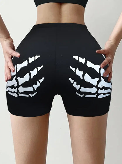 Plus Size Halloween Sports Shorts, Women's Plus Skeleton Print Medium Stretch Running Biker Shorts