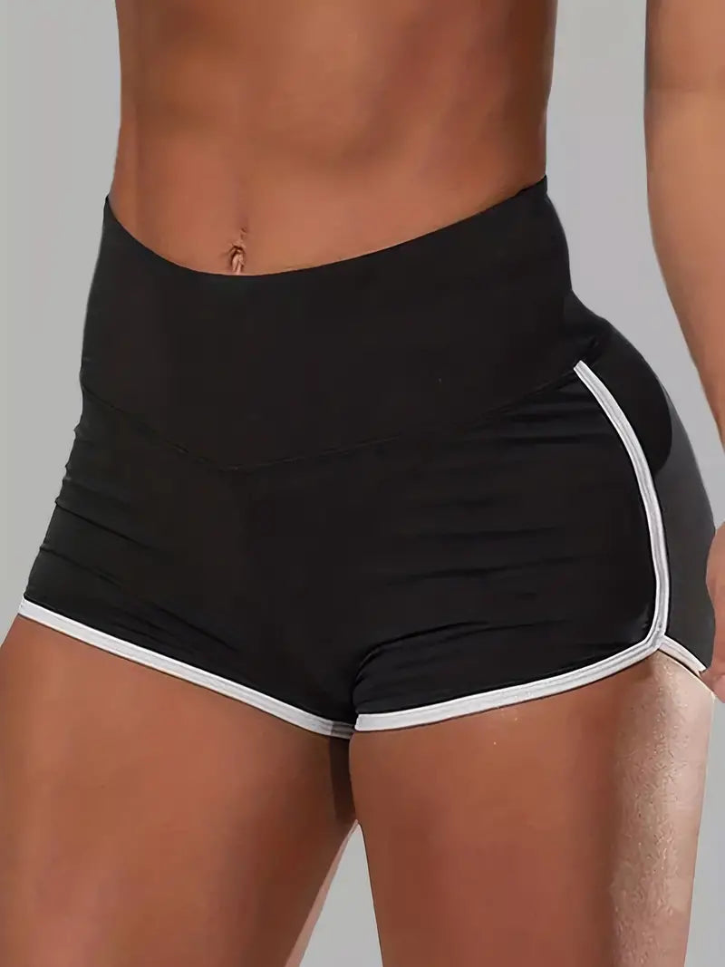 Short de fitness skinny taille haute grande taille pour femme avec bordure contrastée et imprimé slogan – Parfait pour le sport ! 