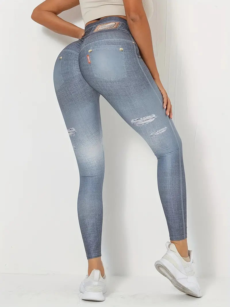 Denim Print High Waist Leggings, Sexy Slim Long Length Fake Pockets Leggings, Women's Clothing