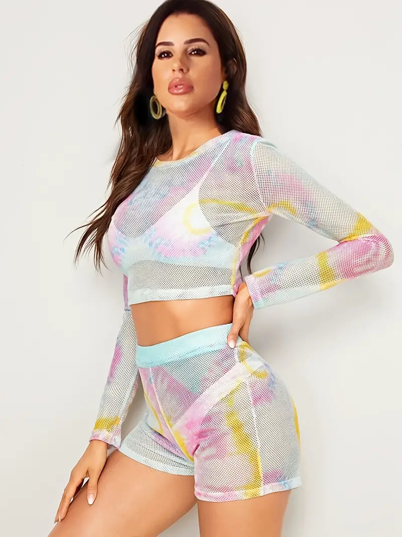 Tie Dye Mesh Two-piece Set, Sexy Long Sleeve Crop Top & High Waist Shorts 2pcs Outfits For Spring & Summer, Women's Clothing