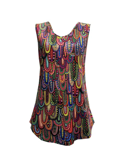 Ethnic Print Tank Top, Casual Crew Neck Sleeveless Summer Full Printed Tank Top, Women's Clothing