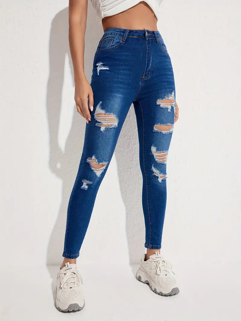 Blue Ripped Holes Skinny Jeans, Slim Fit Slash Pockets Slight-Stretch Casual Denim Pants, Women's Denim Jeans & Clothing