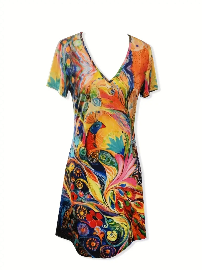 Allover Print V Neck Dress, Casual Short Sleeve Dress For Spring & Summer, Women's Clothing