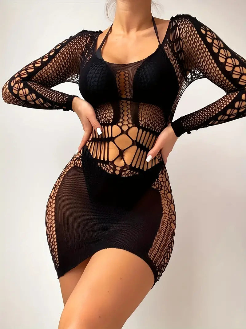 Women's Sexy Lingerie & Underwear: Sultry Long Sleeve Fishnet Dress with Hollow Out Bodycon Elastic Babydoll