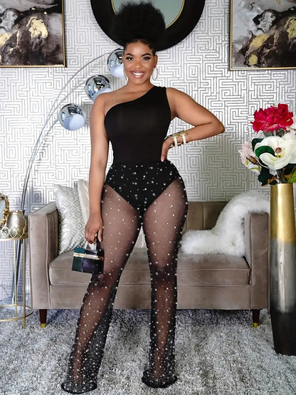 Plus Size Sexy Jumpsuit, Women's Plus Plain One Shoulder Glitter Contrast Mesh Semi Sheer High Stretch Jumpsuit