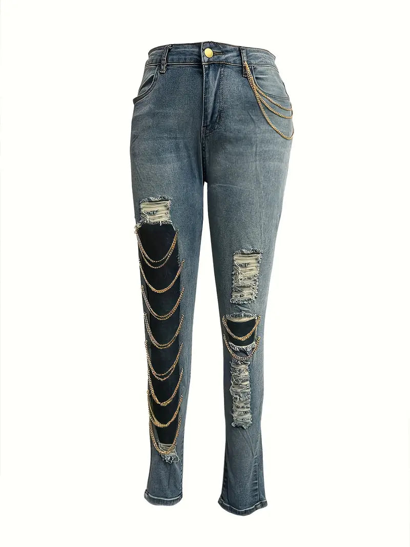 Hollow Out Chain Decor Ripped Denim Pants, Distressed Cut Out Sexy Skinny Jeans, Women's Denim Jeans & Clothing