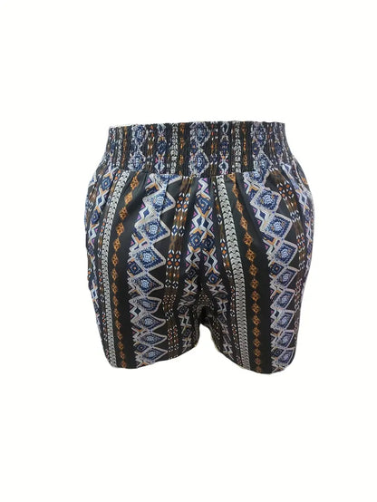 Plus Size Boho Shorts, Women's Plus Tribal Print Elastic Waist Wide Leg Vacay Shorts