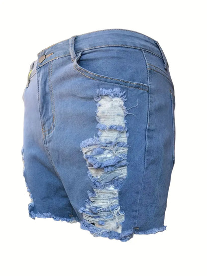 Blue Raw Hem Denim Shorts, Slim Fit High Waist Distressed Slash Pockets Short Denim Pants, Women's Denim Jeans & Clothing