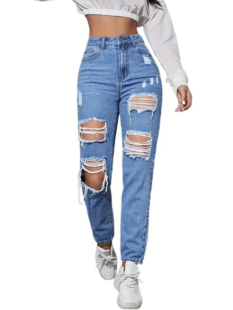 Blue Ripped Holes Straight Jeans, Distressed Slash Pockets Non-Stretch Mom Jeans, Women's Denim Jeans & Clothing