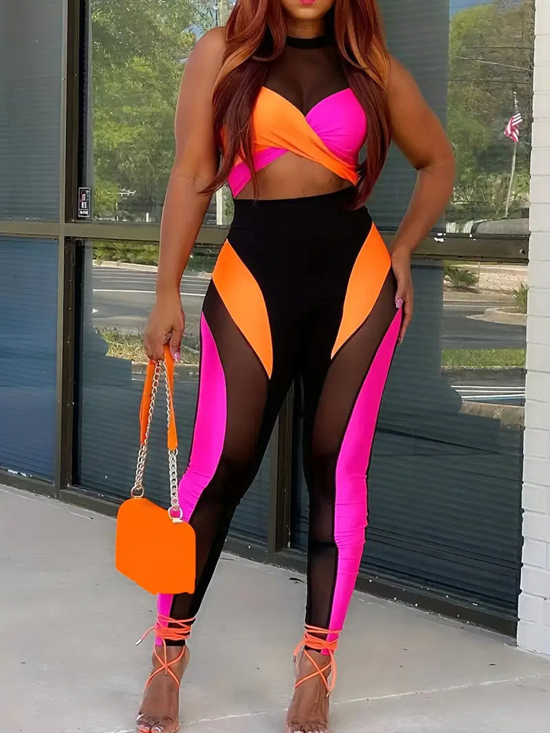 Plus Size Sexy Outfits Set, Women's Plus Colorblock Contrast Mesh Twist Front Crop Top & Leggings Outfits Two Piece Set