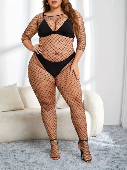 Plus Size Sexy Bodysuit, Women's Plus See Though Crotchless Fishnet One Piece Bodystockings