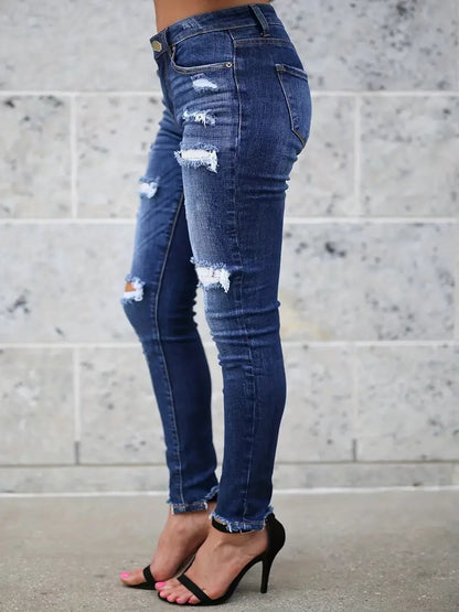 Women's Dark Blue Ripped Denim Jeans with Raw Hem and Slash Pockets - Casual and Stylish!