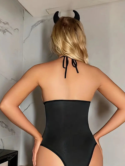 Solid Backless Cosplay Bodysuit, Sexy Nightwear Cut Out Halter Neck Cosplay Bodysuit With Headband, Women's Clothing