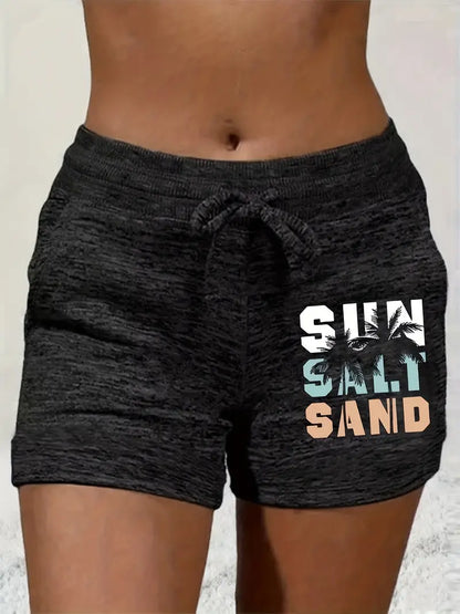 Sun Salt Sand Print Shorts, Casual Drawstring Shorts For Summer & Spring, Women's Clothing