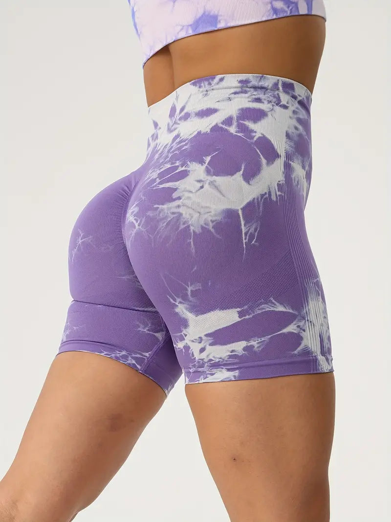 Wide Waistband Tie Dye Biker Shorts, High Waist Running Fitness Butt Lifting Yoga Shorts, Women's Activewear