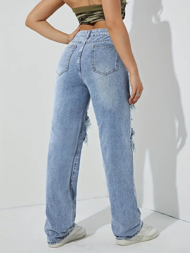 High Rise Ripped Thigh Distressed Front Fabrics Straight Lets Loose Fit Zipper Button Closure Plicated Hem Light Blue Boyfriend Jeans, Women's Denim Jeans, Women's Swimwear