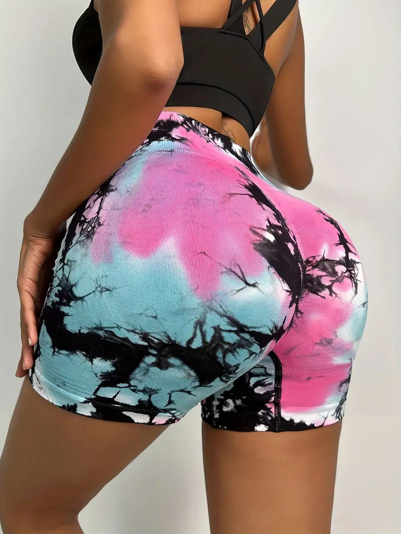 Women's High Waist Tie Dye Yoga Shorts, Butt Lifting Biker Shorts For Fitness And Sports, Women's Activewear