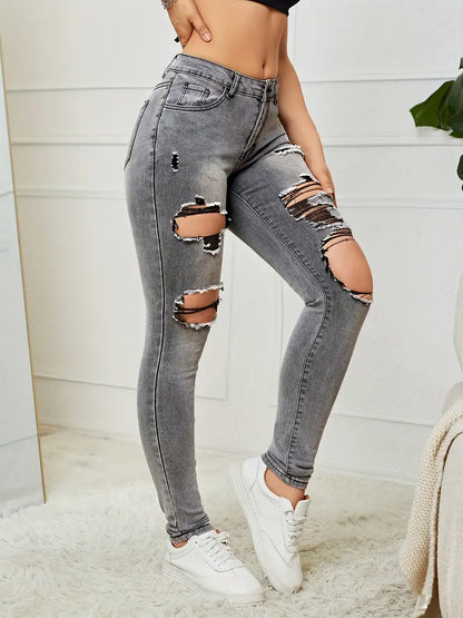 Women's Street Style Denim Pants: Ripped High Waist Washed Distressed Jeans with High Stretch Solid Color